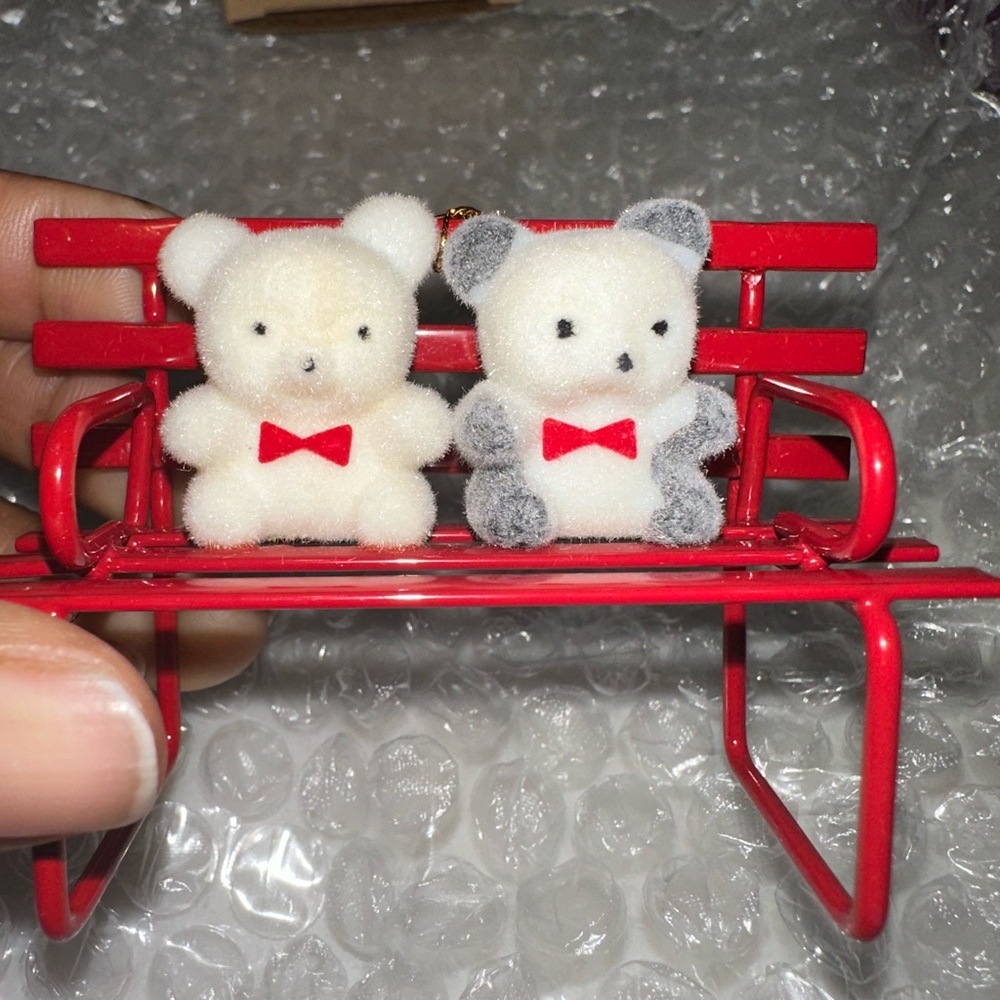 Avon Teddy Bear Collection Ornaments on bench with Red Bows - Picture 6 of 16